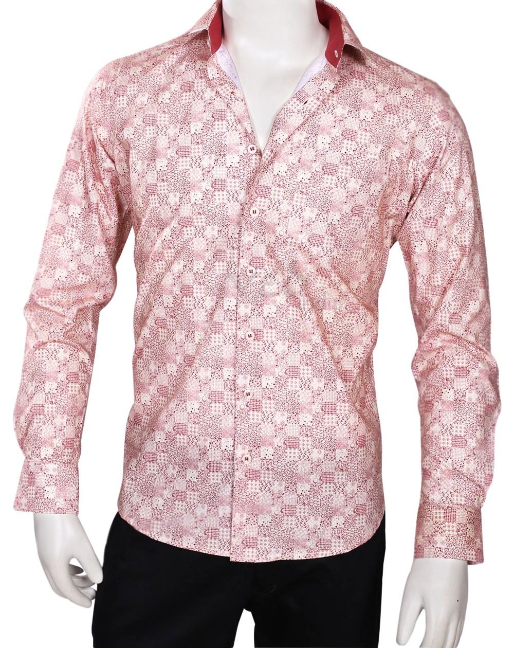 Red and White Printed Regular Fit Formal Linen Men’s Shirt - VedIndia.com