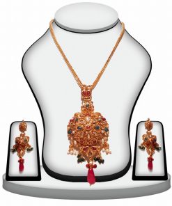Red, Green and White Polki Bridal Necklace and Earrings Jewelry Set -0