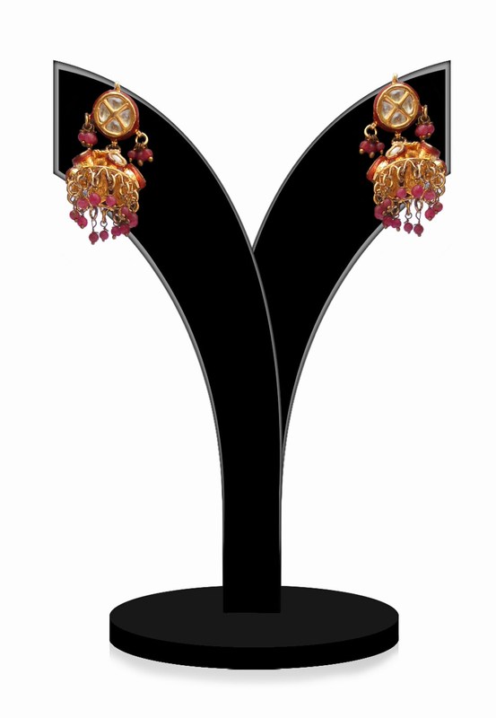 Traditional Red Stone Embellished Jhumkas for Festivals from India-0