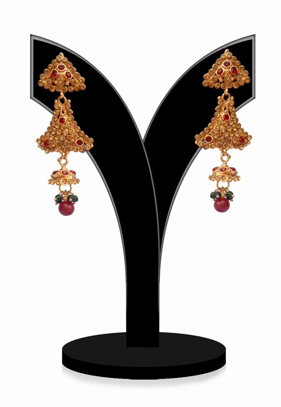 Gorgeous Green and Red Stone Studded Earrings for Festivals-0