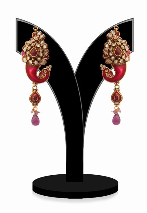 Traditional Red Stones Studded Party Jhumkas in Peacock Shape-0