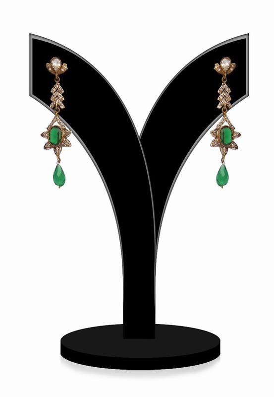 Green Stone Embellished Stylish Victorian Earrings From India-0