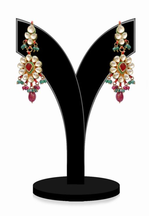 Traditional Kundan Jhumkas for Women in Red, Green and White Stones-0