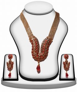 Buy Online Red and White Polki Stones Necklace and Earrings Set -0