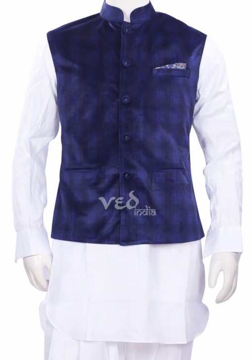 Blue Checks Ethnic Nehru Jacket and White Kurta Set for Men-0