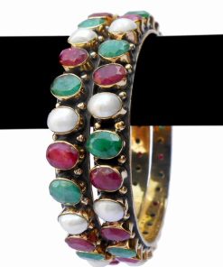 Classy Designer Wedding Desire Bangles in Red and Green Pearls Stones-0