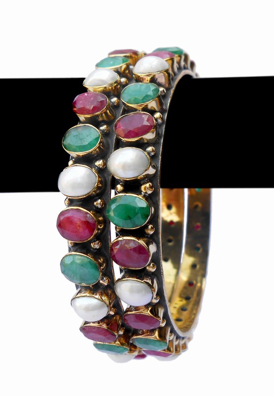 Classy Designer Wedding Desire Bangles in Red and Green Pearls Stones-0