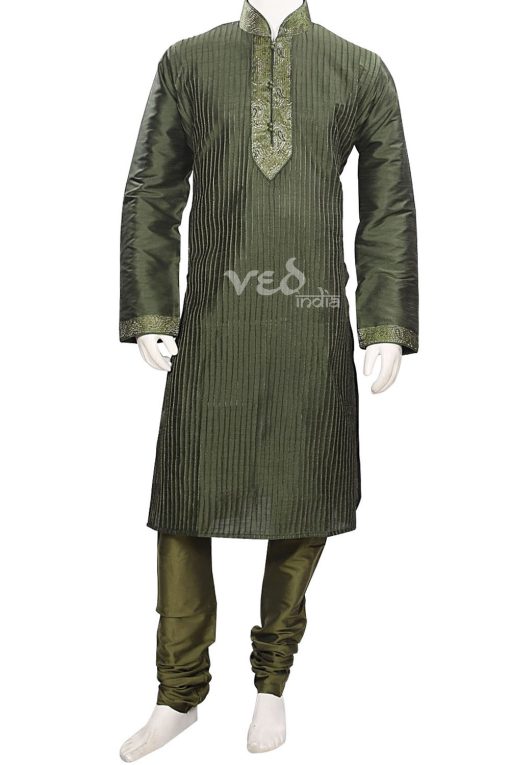 Party Wear Dark Olive Green Color Ethnic Men’s Wear Kurta Pajama Set -0