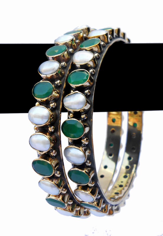 Fancy Trendy Desire Bangle with Green Stones and Pearls from India-0
