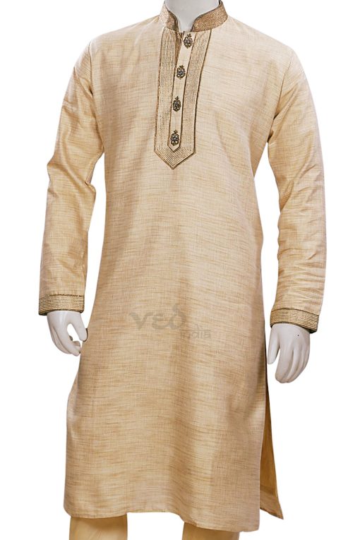 Fawn Colored Indian Kurta Pajama Set for Men in Cotton-2448