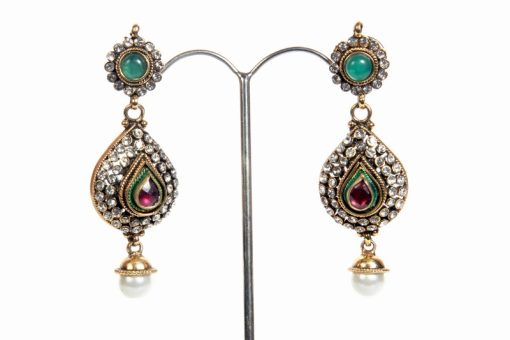 Indian Fashion Earrings in White CZ Stones with Pearl Drops-0