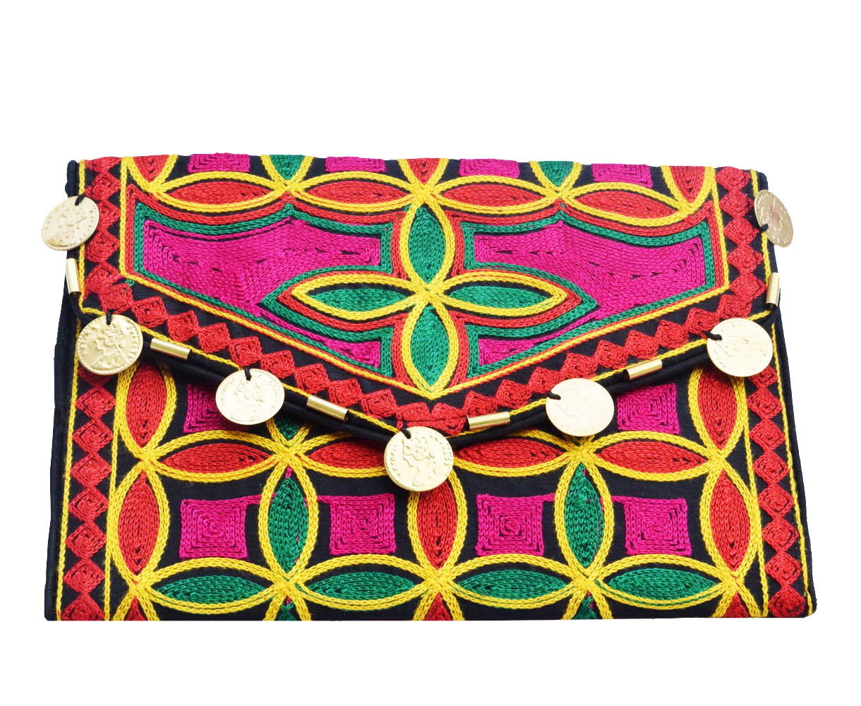 Multicolored Coin Embellished Aari Traditional Clutch Bag for Parties -0