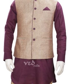 Nehru Jacket and Kurta Set for Men in Golden and Maroon-0