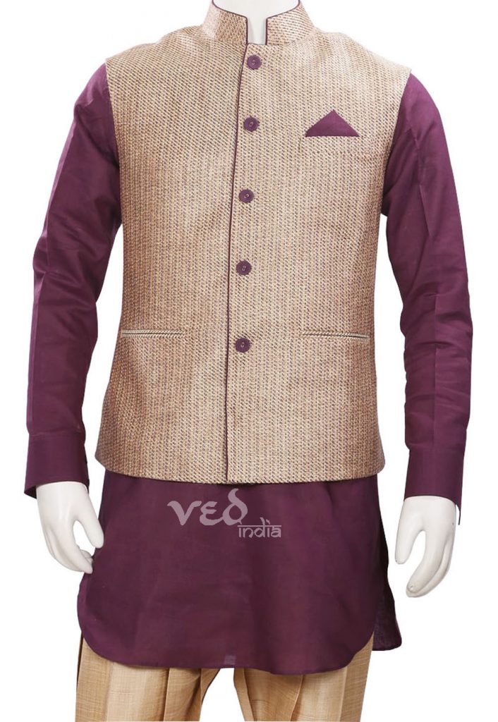 Men Golden Solid Kurta Pyjama with Maroon Woven Design Nehru Jacket main image 1