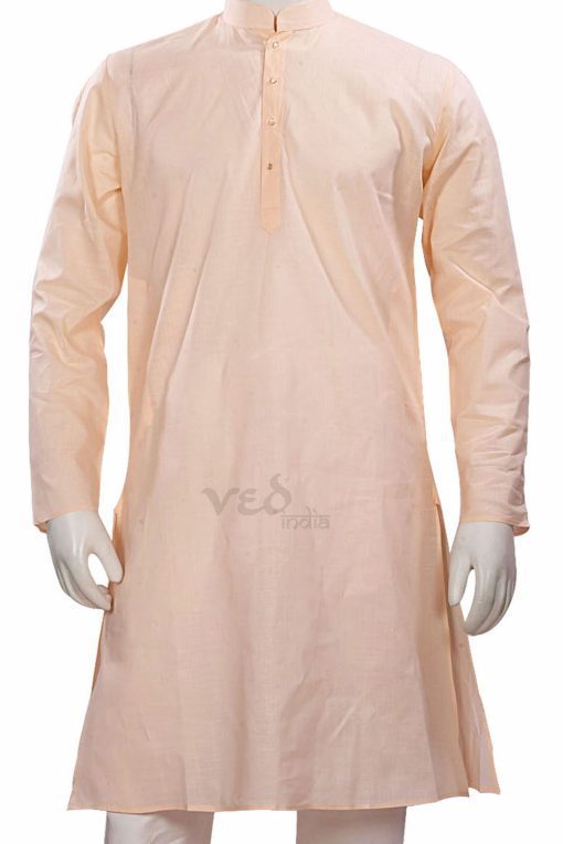 Pale Peach Colored Casual Indian Kurta Pajama Set for Men -0