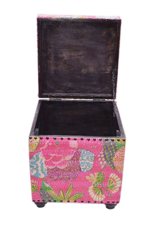Buy Online Handmade Pink Cube Ottoman With Floral Patterns-0