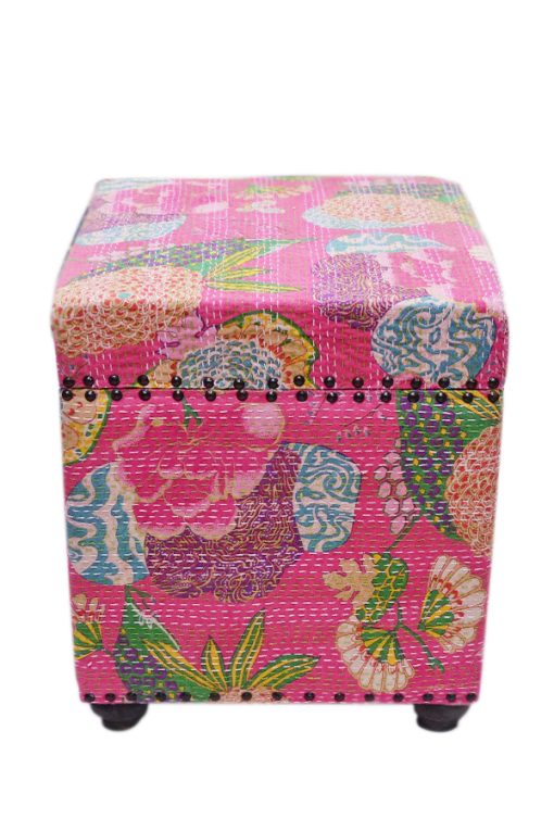 Buy Online Handmade Pink Cube Ottoman With Floral Patterns-769