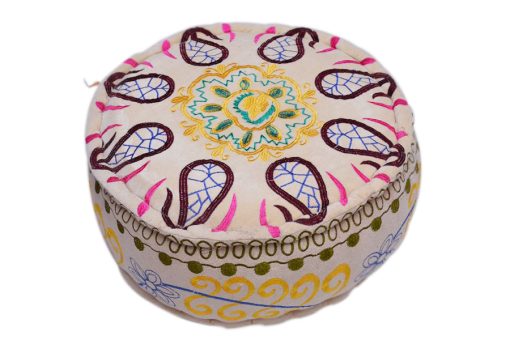 Indian Designer Embroidery Work White Round Pouf Ottoman-0