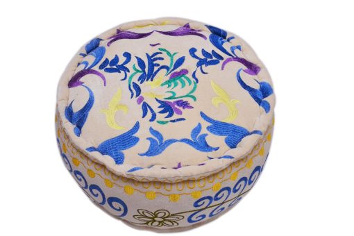 Traditional White Round Pouf Ottomans With Hand Stitched Design-0
