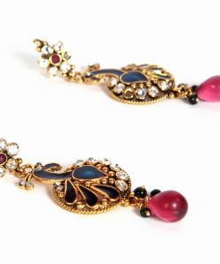 Special Occasion Fashion Earrings in Blue Peacock color with Red Drops-0