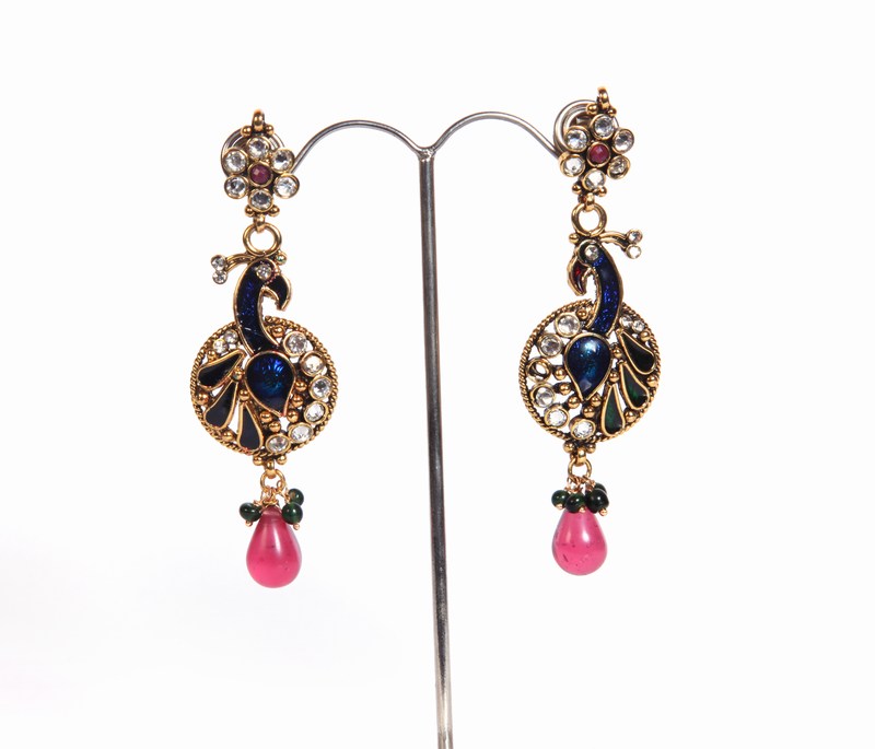 Special Occasion Fashion Earrings in Blue Peacock color with Red Drops-1586