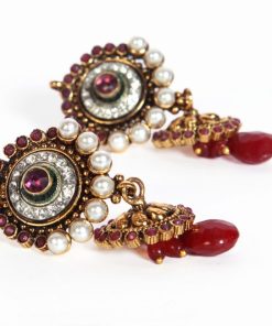 Traditional Design Fashion Pearl Earrings with Red Drops-0