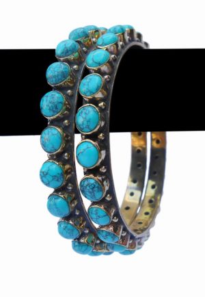 Buy Indian Style Bangles in Turquoise Stones with Antique Polish-0
