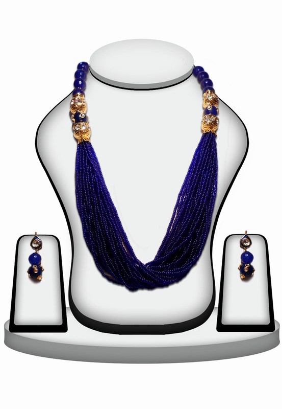 Fashionable Necklace Set Designin Blue Beads Stone with Kundan Work-0