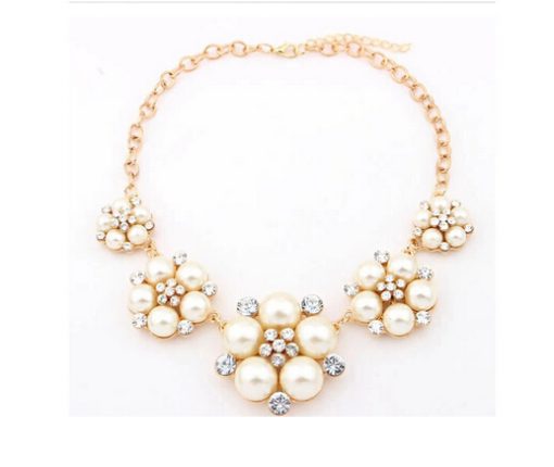 Party Wear Flower Necklace Jewelry From India in White Pearls and Stones-0
