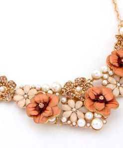 Necklace Jewelry Set for Women with Beaded Flowers in Golden and Orange-2741
