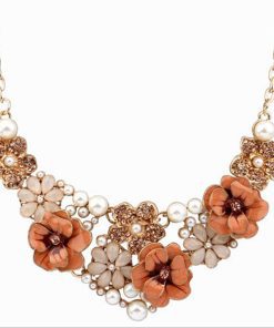 Necklace Jewelry Set for Women with Beaded Flowers in Golden and Orange-0