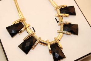 Partywear Posh Necklace in Black Beads with Golden Plates and White Stones -0