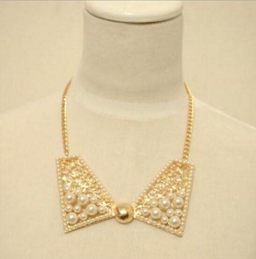 Bow Style Classy Party Wear Necklace Jewelry in Golden Color with Pearls-0
