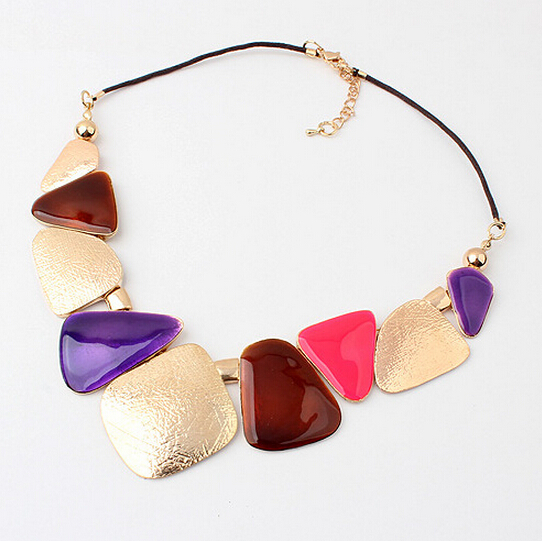 Vintage Costume Necklace in Golden Motif with Purple, Maroon and Pink Beads -0