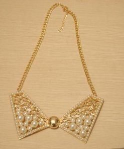 Bow Style Classy Party Wear Necklace Jewelry in Golden Color with Pearls-2712