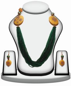 Buy Online Beaded Necklace Set inYellow and GreenStone with Kundan Work-0