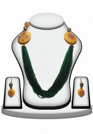 Buy Online Beaded Necklace Set inYellow and GreenStone with Kundan Work-0