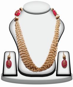 Stylish Beaded Necklace Set With Fashion Earrings in Pink and White Stones-0