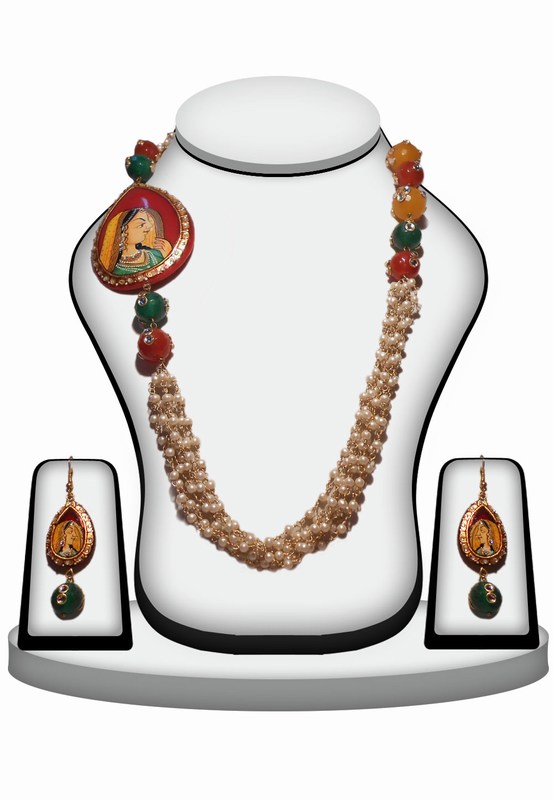 Multi-Color Painting Beads Necklace Set with Matching Earrings-0