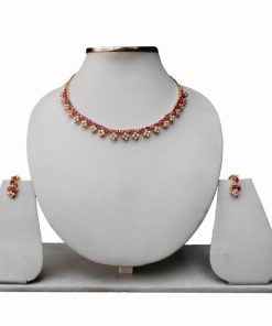 Buy Red and White Cubic Zerconium Stones American Diamond Necklace with Earrings-0