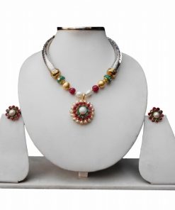 Pipe Necklace with Red, Green and White Stones Studded PachiPendant with Earrings-0
