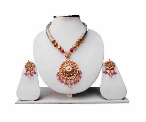 Beaded Bridal Jewellery Pipe Necklace Set with Polki Pendant and Earrings for Women-0