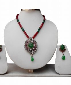 Flower Designer Pendant for Women in Green and Red Stones-0