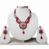 Gorgeous Kundan Pendant Pipe Necklace with Jhumkas From India in Red and Whtie Stones-0
