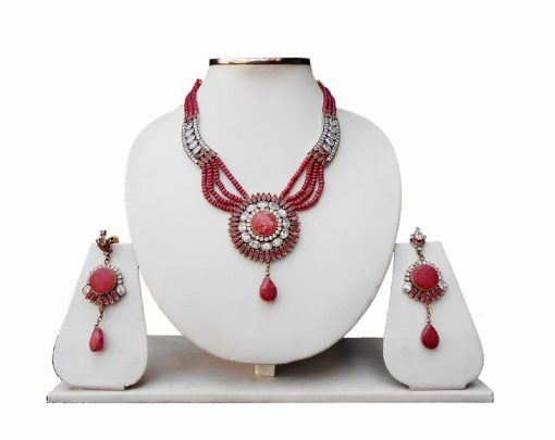 Gorgeous Kundan Pendant Pipe Necklace with Jhumkas From India in Red and Whtie Stones-0