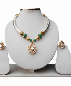 Bridal Kundan Pendant Pipe Necklace Set with Earrings in Green and White Stones-0