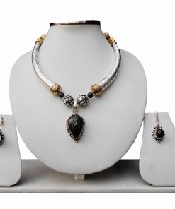 Black Stone Studded Pendant and Pipe Necklace Jewelry Set From India with Earrings-0