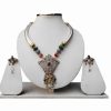 Pipe Necklace Set With Victorian Pendant and Earrings in Green and Red Stones-0