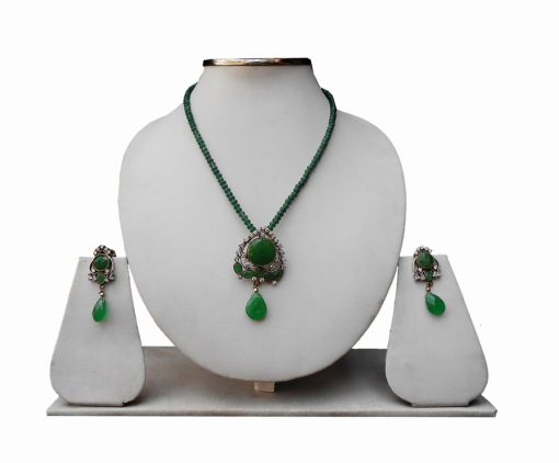 3 Line Designer Pendant Necklace Set with Green and White stone-0