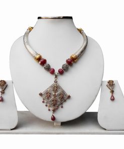 Victorian Pendant Pipe Necklace Set with Earrings in Red and White Stones for Women-0